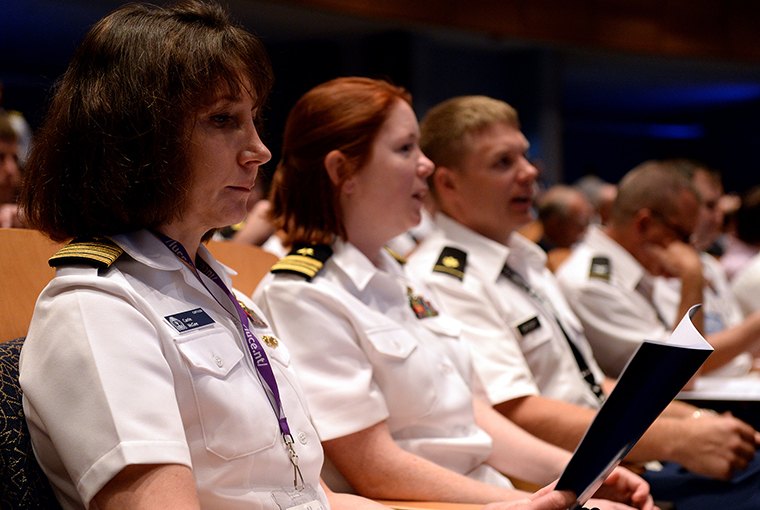 U.S. Naval War College (NWC) students and distinguished guests take their seats prior to the 65th annual Current Strategy Forum (CSF) with the Chief of Naval Operations (CNO), Adm. Jonathan W. Greenert, at the NWC in Newport, Rhode Island.