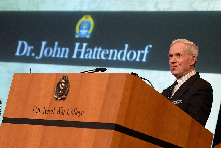 John Hattendorf, Ernest J. King Professor of Maritime History for U.S. Naval War College (NWC) and director, NWC Museum, speaks to students, staff, faculty and guests during an evening lecture, “Recreating Our Maritime Heritage,” at NWC in Newport, Rhode Island. 