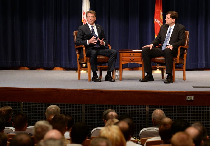 Secretary of Defense Ashton B. Carter visited U.S. Naval War College (NWC), May 25, answering questions from students, faculty and staff as part of a three-day trip to Newport and surrounding areas.