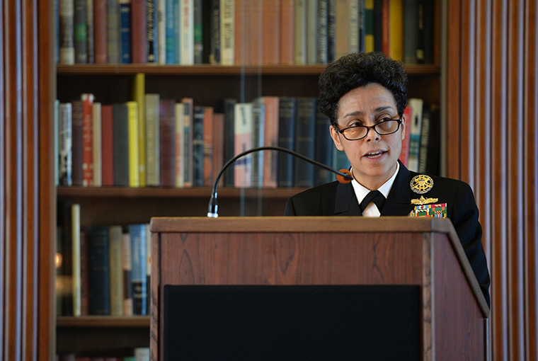 Adm. Michelle Howard, Vice Chief of Naval Operations, provides keynote speaker remarks during the 2015 Women, Peace and Security conference at U.S. Naval War College in Newport, Rhode Island. 