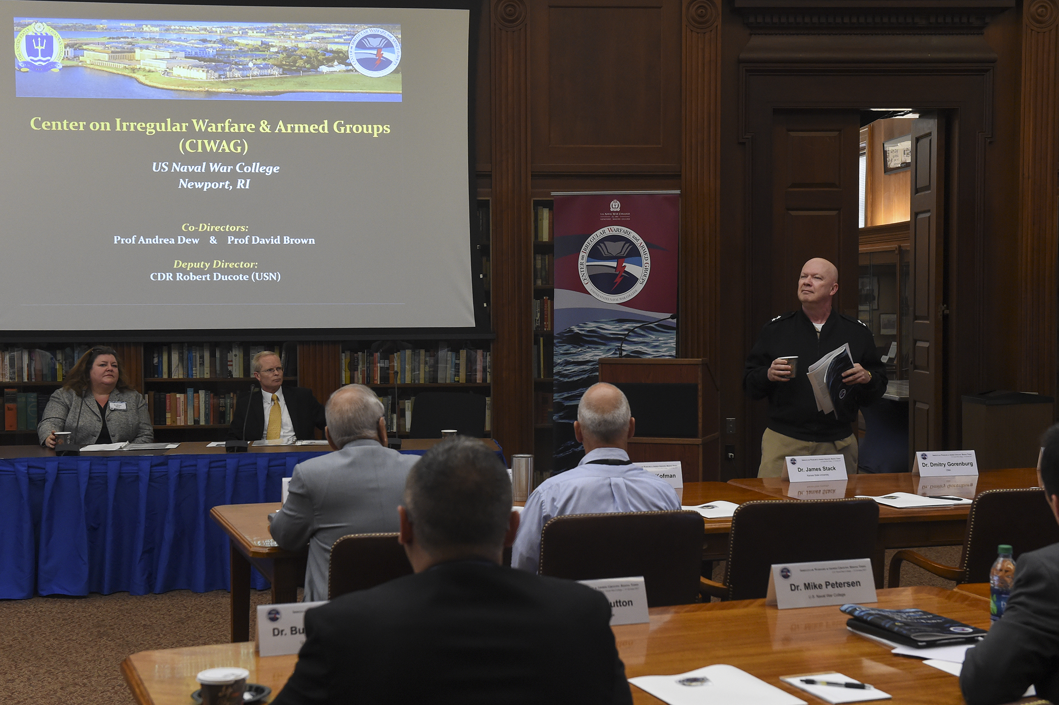 U.S. Naval War College President Rear Adm. Jeffrey Harley addresses a symposium hosted by the Center for Irregular Warfare and Armed Groups (CIWAG) at the school in Newport, Rhode Island.