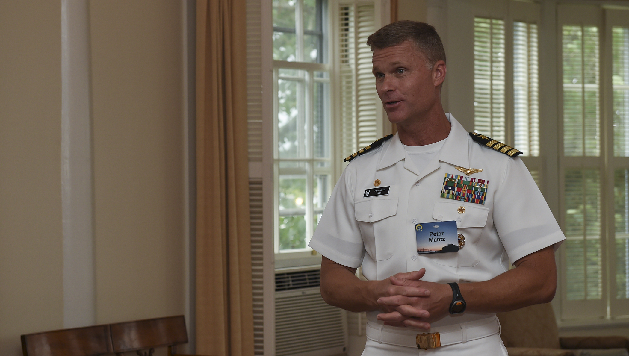 Capt. Peter M. Mantz, commanding officer, Navy Leadership and Ethics Center, provides remarks at the Command Spouse Leadership Course (CSLC) 20th anniversary gathering. 