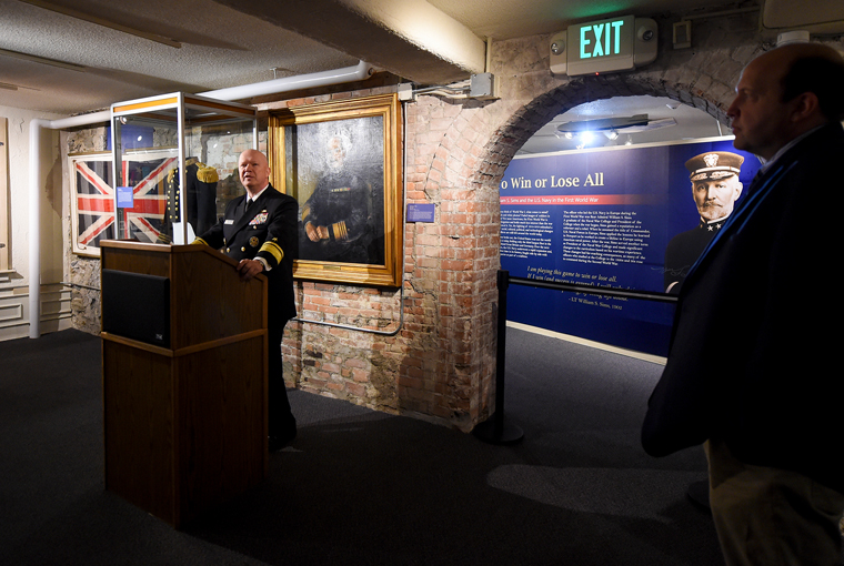 Rear Adm. Jeffrey A. Harley, president, U.S. Naval War College, gives remarks during a ceremony officially opening a new Naval War College Museum exhibit titled, “To Win or Lose All: William S. Sims and the U.S. Navy in the first World War.” 