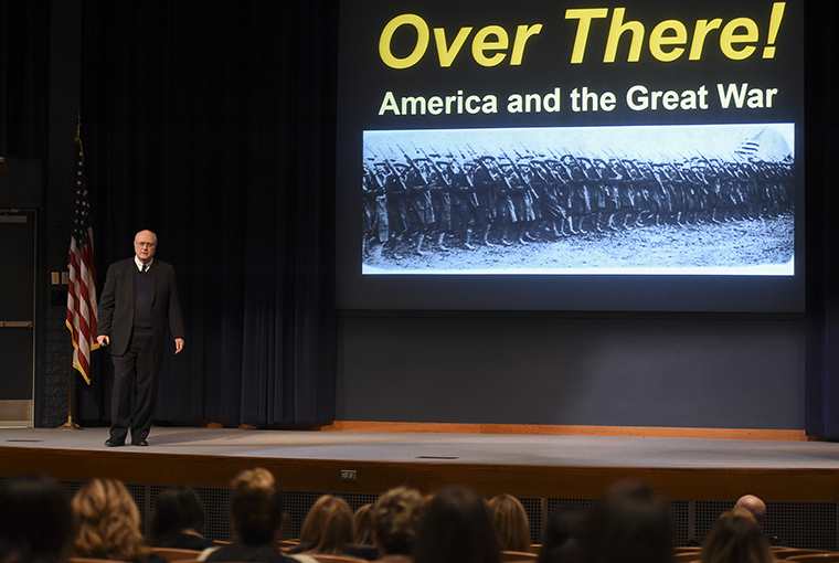 John Maurer, a professor in U.S. Naval War College’s (NWC) Strategy and Policy Department, speaks about America and the Great War to more than 100 spouses and significant others of NWC staff, faculty, and students.