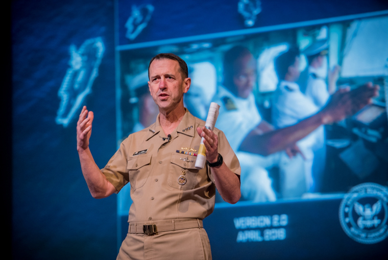 Photo of Chief of Naval Operation Adm. John Richardson addressing students, faculty and staff at U.S. Naval War College.