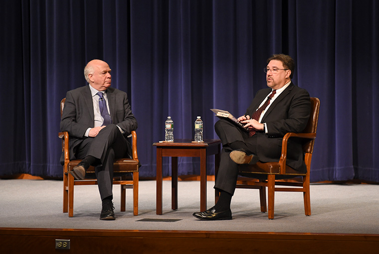 Tom Nichols (right), professor, U.S. Naval War College’s National Security Affairs Department talks with Sir Lawrence Freedman, emeritus professor of war studies at King’s College London about war and the strategy of war