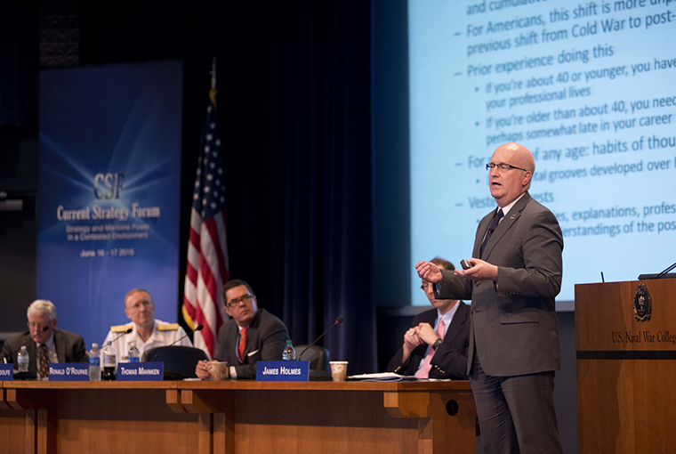 Ronald O'Rourke, a naval analyst at the Congressional Research Service of the Library of Congress, addresses the attendees during the U.S. Naval War College (NWC) 2015 Current Strategy Forum in Newport, Rhode Island.