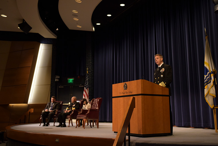 Adm. Philip S. Davidson, commander, U.S. Indo-Pacific Command speaks to U.S. Naval War College students, faculty and staff about the topic of “Cooperation for a Free and Open Indo-Pacific”.