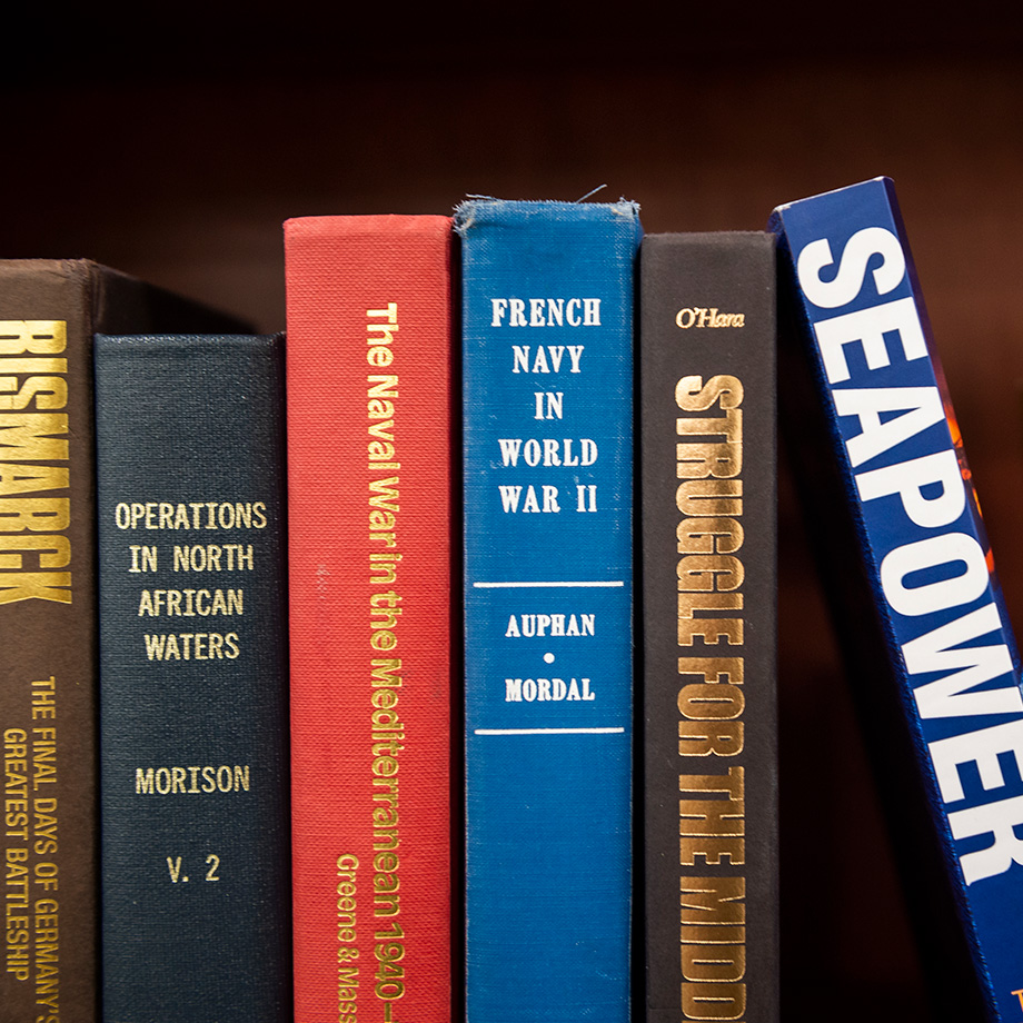 Books on a shelf at U.S. Naval War College