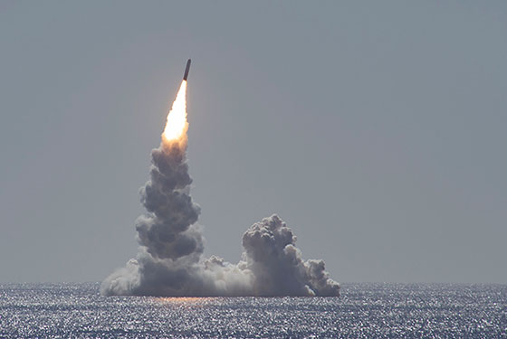 An unarmed Trident II (D5LE) missile launches from the Ohio-class ballistic missile submarine USS Maine (SSBN 741) off the coast of San Diego, California, Feb. 12, 2020.