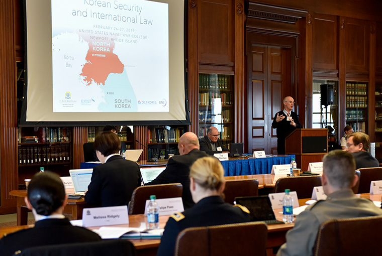 Ted McDorman, professor, University of Victoria, speaks about maritime security during the International Law and Korean Security conference held at U.S. Naval War College’s Stockton Center for International Law February 26-27, 2019.