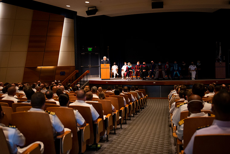 A special guest invokes words of wisdom to U.S. Naval War College’s incoming students during the college’s convocation ceremony Aug. 4, 2021.