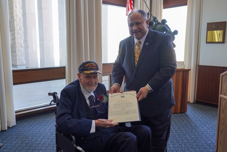 Secretary of the Navy, the Honorable Carlos Del Toro, presented former Secretary of the Navy Ambassador J. William Middendorf II, the Navy Distinguished Public Service Award