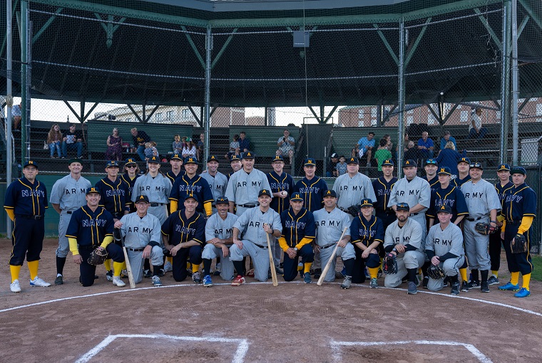 Students assigned to the U.S. Naval War College (NWC) play baseball in the sixth annual "Cardines Classic," World War I era Army/Navy baseball game on October 6th, 2023, at the historic Cardines Field in downtown Newport