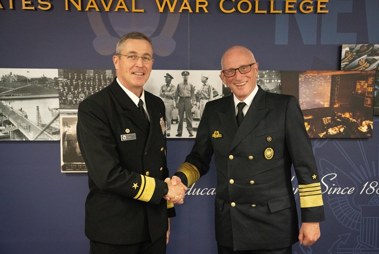 U.S. Naval War College (NWC) President Rear Adm. Pete Garvin met with Adm. Joachim Rühle, German Navy, Chief of Staff – Supreme Headquarters Allied Powers Europe (SHAPE), during a visit to the college’s Newport, RI campus, May 13.