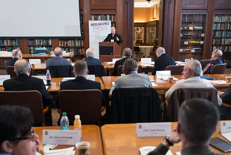 Rear Adm. Jeffrey A. Harley, president, U.S. Naval War College (NWC), welcomes attendees of "Breaking the Mold; A Workshop on War and Strategy in the 21st Century" held in Newport, Rhode Island.