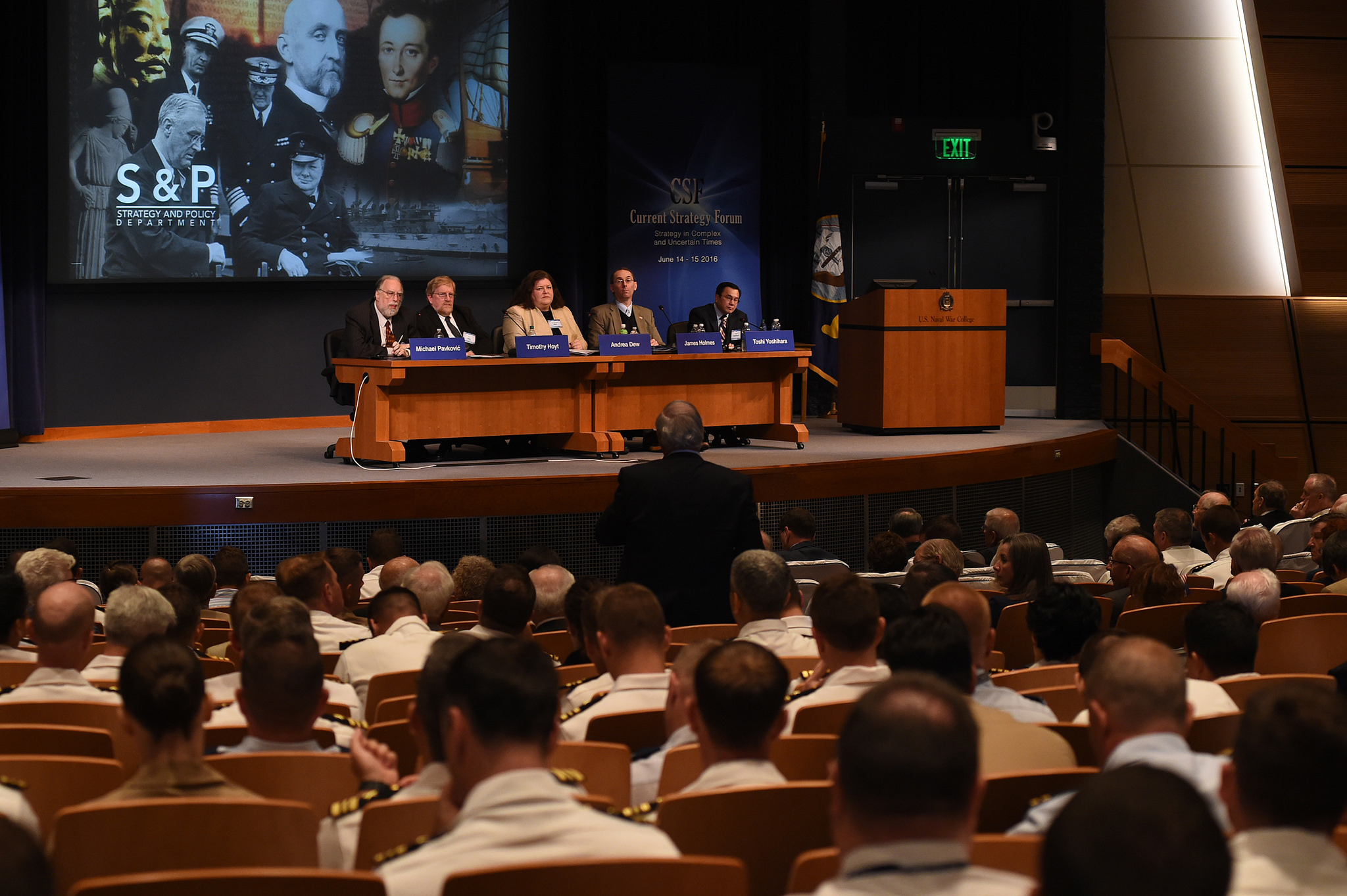 Michael F. Pavković, Timothy D. Hoyt, Andrea J. Dew, James R. Holmes and Toshi Yoshihara, all professors at U.S. Naval War College (NWC), participate in a panel discussion during the 67th annual Current Strategy Forum (CSF) at NWC in Newport, Rhode Island. 