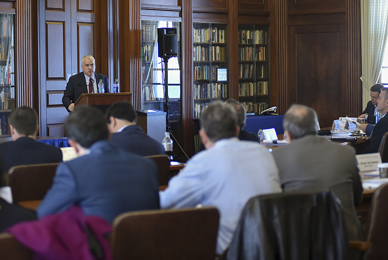 Michael Marx, senior civil-military coordination advisor, United Nations Office for the Coordination of Humanitarian Affairs, provides remarks during the Civilian-Military Humanitarian Response Workshop held at U.S. Naval War College in Newport, Rhode Island. 