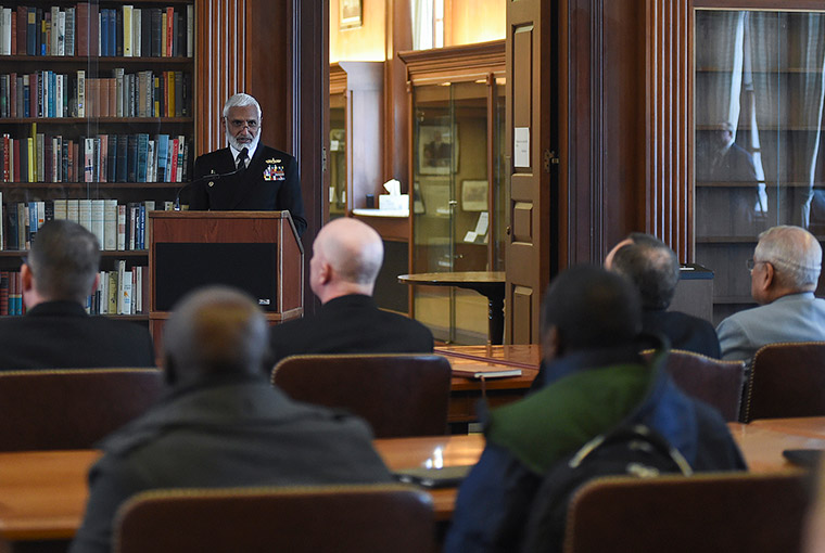 Pakistan navy Adm. Muhammad Zakaullah presents at lecture of opportunity at U.S. Naval War College during a counterpart visit to Newport, Rhode Island. 