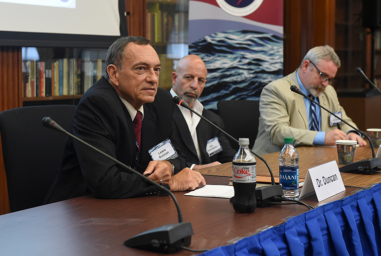 U.S. Naval War College Provost Lewis Duncan chairs a discussion during a symposium hosted by the Center for Irregular Warfare and Armed Groups (CIWAG) at the school in Newport, Rhode Island.