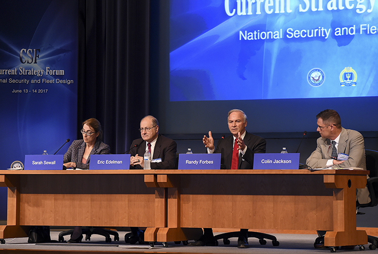 Sarah Sewall from John Hopkins University, Ambassador Eric S. Edelman from the Center for Strategic and Budgetary Assessments, and Naval War College Foundation Fellow Randy Forbes, all participate in a panel discussion during the 68th annual Current Strategy Forum at U.S. Naval War College (NWC) in Newport, Rhode Island. 