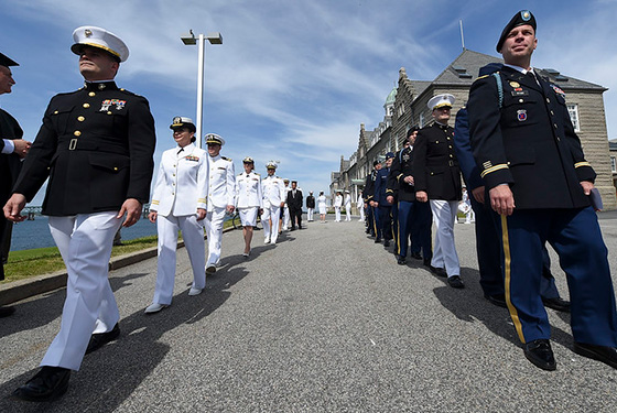 Students of U.S. Naval War College’s (NWC) 2017 graduating class participate in a commencement ceremony at NWC in Newport, Rhode Island.