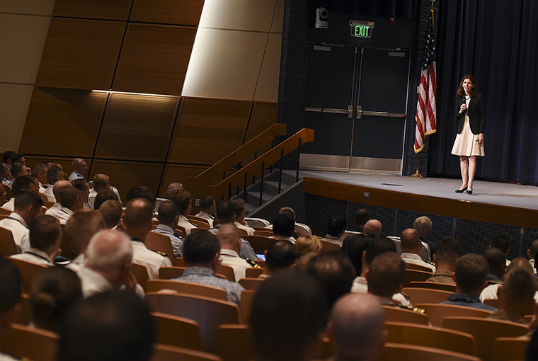 eg Klein, dean of Leadership and Ethics, U.S. Naval War College, addresses staff, faculty and new students at the college’s 2017 Ethics Symposium. 