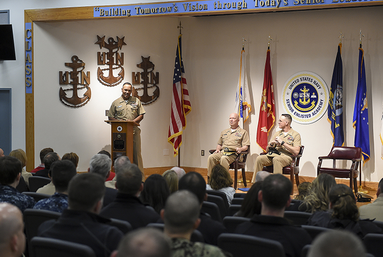 Command Master Chief Delbert M. Terrell, Jr., director, U.S. Naval War College’s Senior Enlisted Academy (SEA) gives remarks during his change of charge ceremony During the ceremony