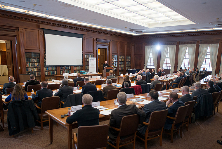 Rear Adm. Jeffrey A. Harley, president, U.S. Naval War College (NWC), welcomes attendees of "Breaking the Mold; A Workshop on War and Strategy in the 21st Century" held in Newport, Rhode Island.