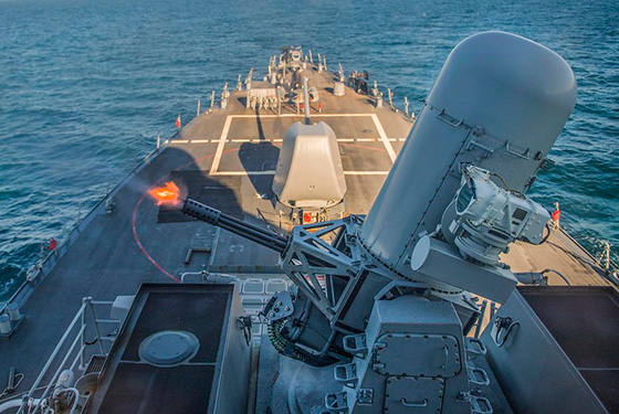 The Arleigh Burke-class guided-missile destroyer USS Carney (DDG 64) fires a Phalanx close-in weapons system during a live-fire exercise in the Black Sea.
