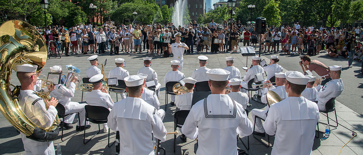 Navy Band Northeast's Ceremonial Band performs a public concert at Washington Square Park in New York City in one of many public concerts supporting Fleet Week New York, 2018. 