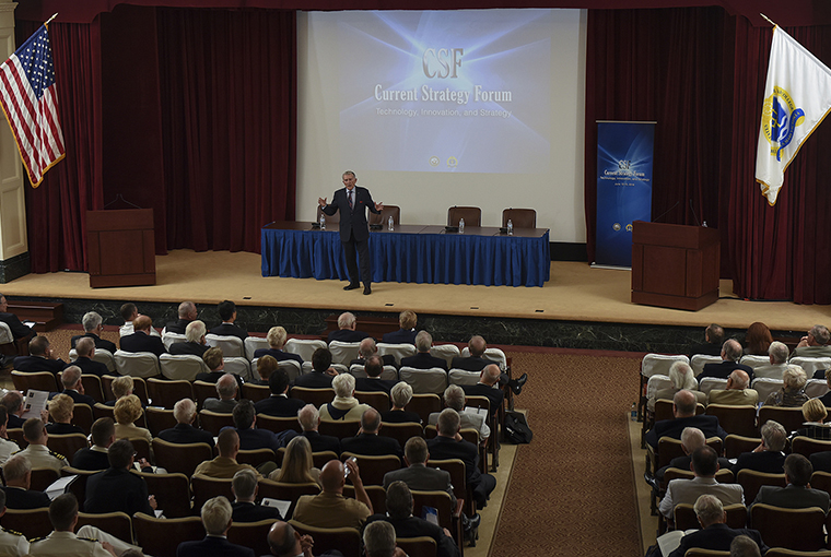 John F. Lehman, secretary of the Navy from 1981-1987, delivers a keynote address during the 69th annual Current Strategy Forum held at U.S. Naval War College (NWC).
