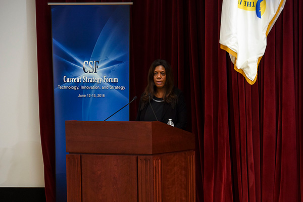 Kiron Skinner from Carnegie Mellon University delivers a keynote address during the 69th annual Current Strategy Forum held at U.S. Naval War College.