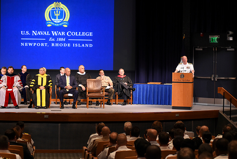 Rear Adm. Jeffrey A. Harley, president, U.S. Naval War College (NWC), addresses students, staff, faculty and guests during a convocation ceremony kicking off the 2018-2019 academic year. 