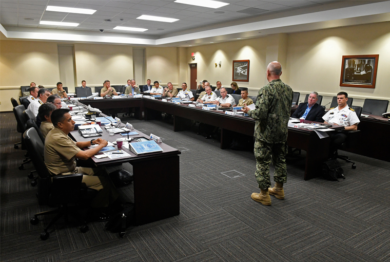Commander, U.S. Southern Command, Adm. Kurt Tidd delivers remarks during the Combined Force Maritime Component Commander (CFMCC) Flag course held at U.S. Southern Command headquarters in Miami.