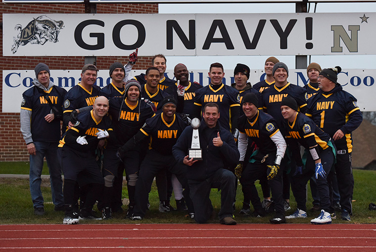 U.S. Naval War College (NWC) students and staff gathered during NWC’s annual 2019 Army-Navy Flag Football Game.