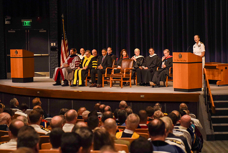 Rear Adm. Shoshana S. Chatfield, president U.S. Naval War College, gives a speech at the 2019 Convocation Ceremony at the college August 5, 2019.