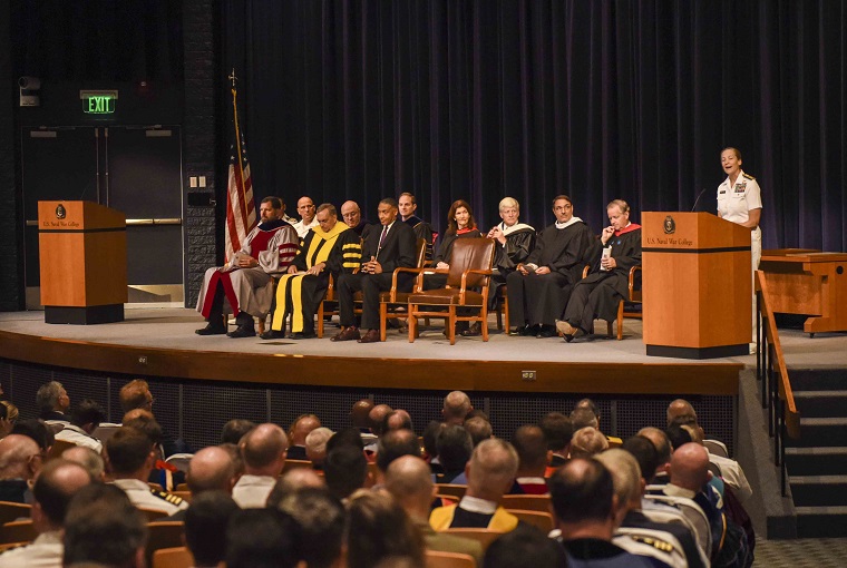 Rear Adm. Shoshana S. Chatfield, president U.S. Naval War College, gives a speech at the 2019 Convocation Ceremony at the college August 5, 2019.