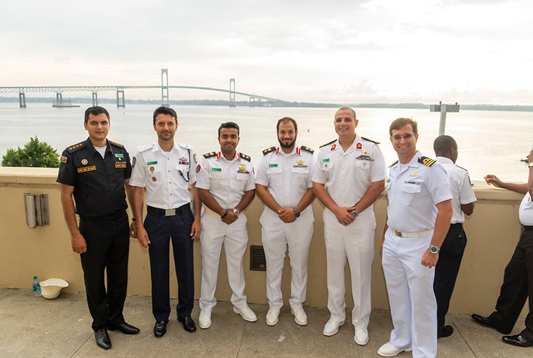 International students at the U.S. Naval War College attend a welcome reception on Colbert Plaza on Aug. 6.