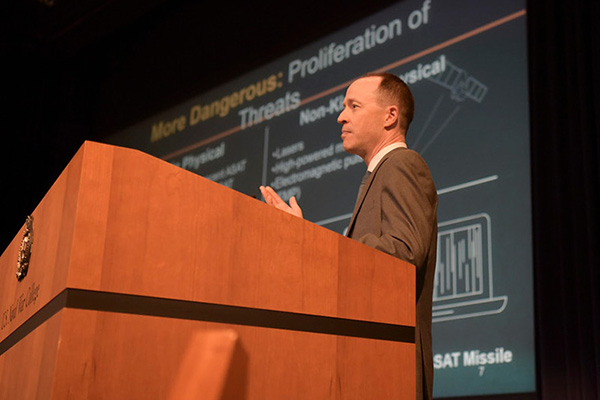 Todd Harrison speaks during the panel “Milspace Operation and Organization” during the Future Warfighting Symposium held at U.S. Naval War College, Aug. 8.
