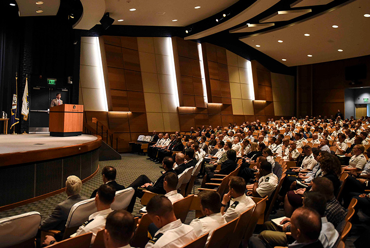 Secretary of Defense Mark T. Esper delivers a speech to students and faculty of the U.S. Naval War College on Aug. 27. 
