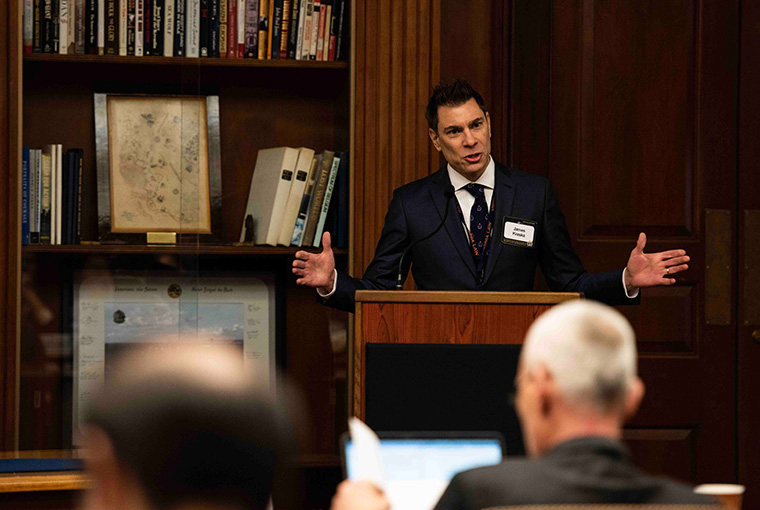 James Kraska, Charles H. Stockton professor of International Maritime Law, U.S. Naval War College (NWC), delivers the welcome remarks during a U.S. consultative meeting for the revision of the “San Remo Manual on International Law Applicable to Conflicts at Sea” at NWC, Dec. 17.