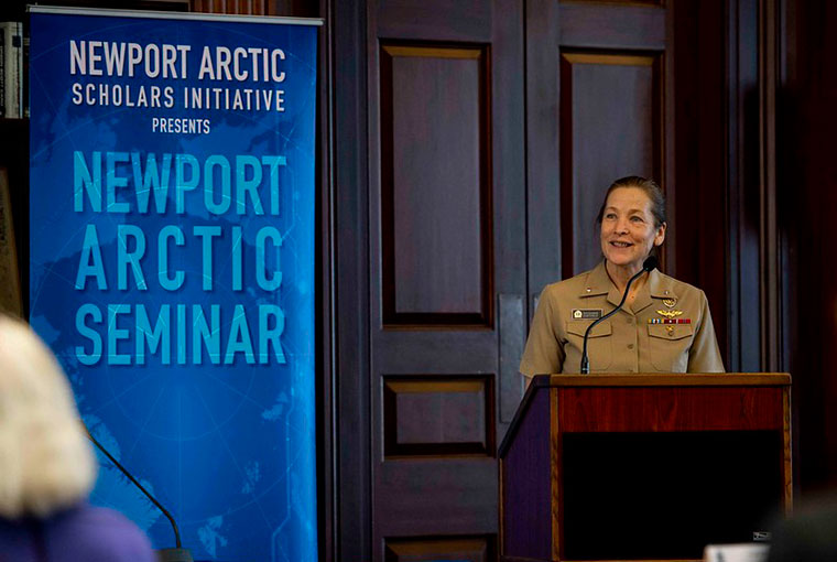 Rear Adm. Shoshana S. Chatfield, president of the U.S. Naval War College, gives the opening remarks at the Newport Arctic Seminar at NWC, Jan. 22. 