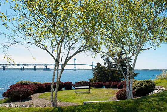 Newport Pell Bridge in the background of a campus shot.