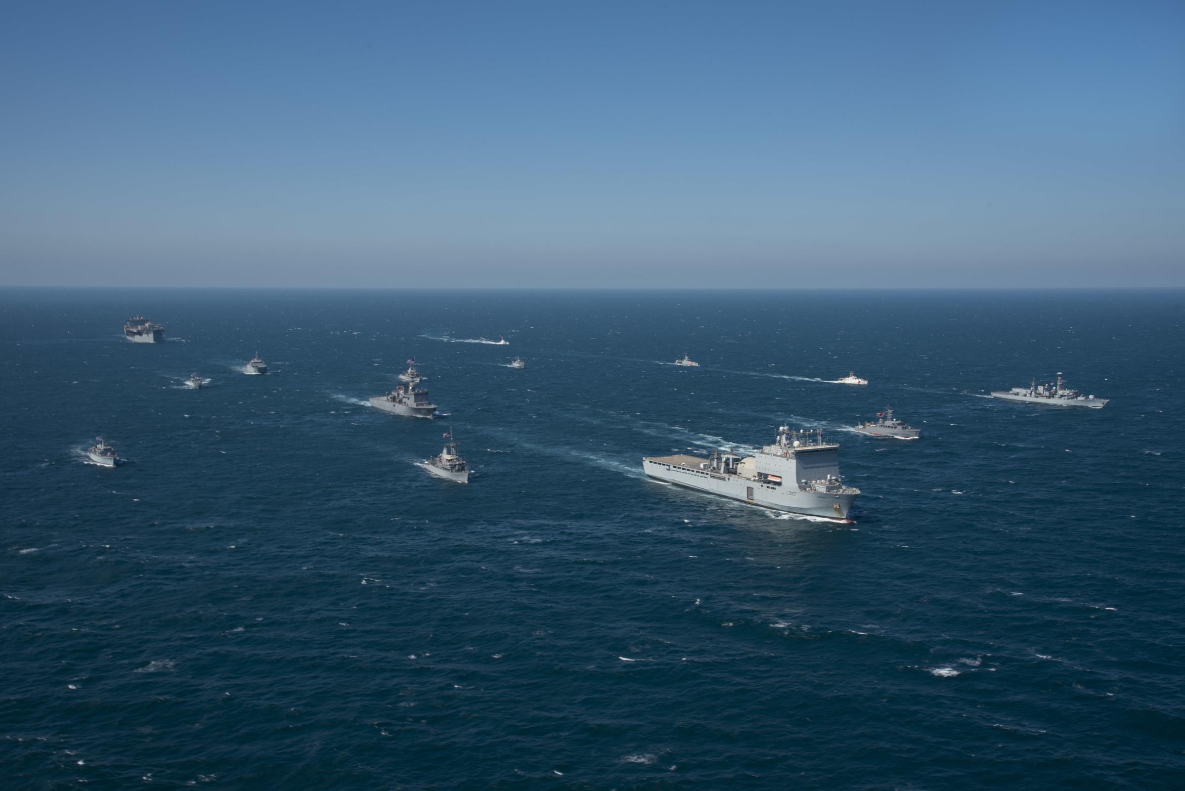 Ships from partner nations of Combined Task Force North participate in a photo exercise during International Maritime Exercise/Cutlass Express (IMX/CE) 2022 in the Arabian Gulf, Feb. 9, 2022. (U.S. Navy photo by Mass Communication Specialist 2nd Class Helen Brown)