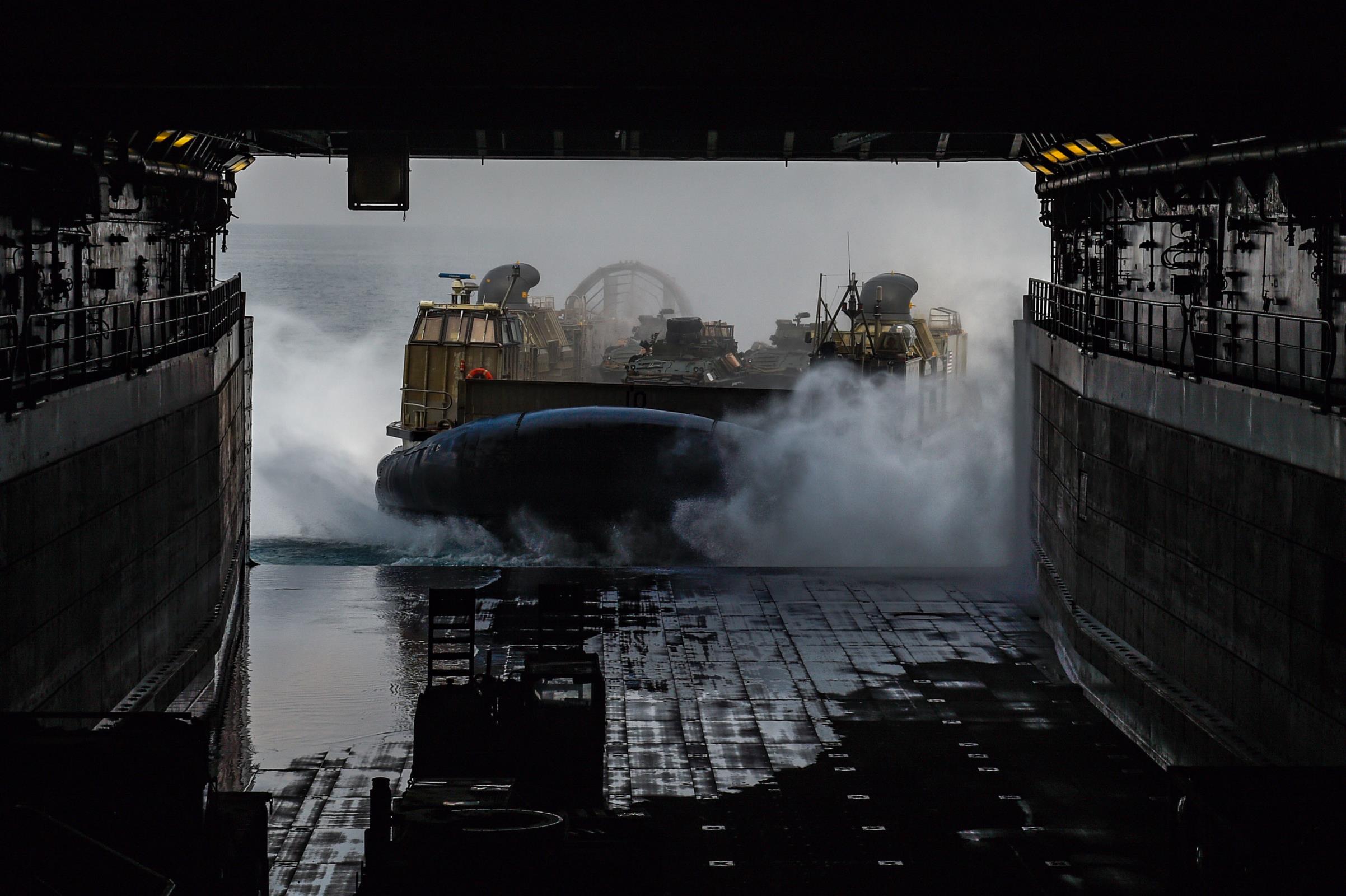 GULF OF THAILAND (Feb. 28, 2022) A landing craft, air cushion (LCAC) enters the well deck of the amphibious transport dock ship USS Green Bay (LPD 20) during Cobra Gold 22. (U.S. Navy photo)