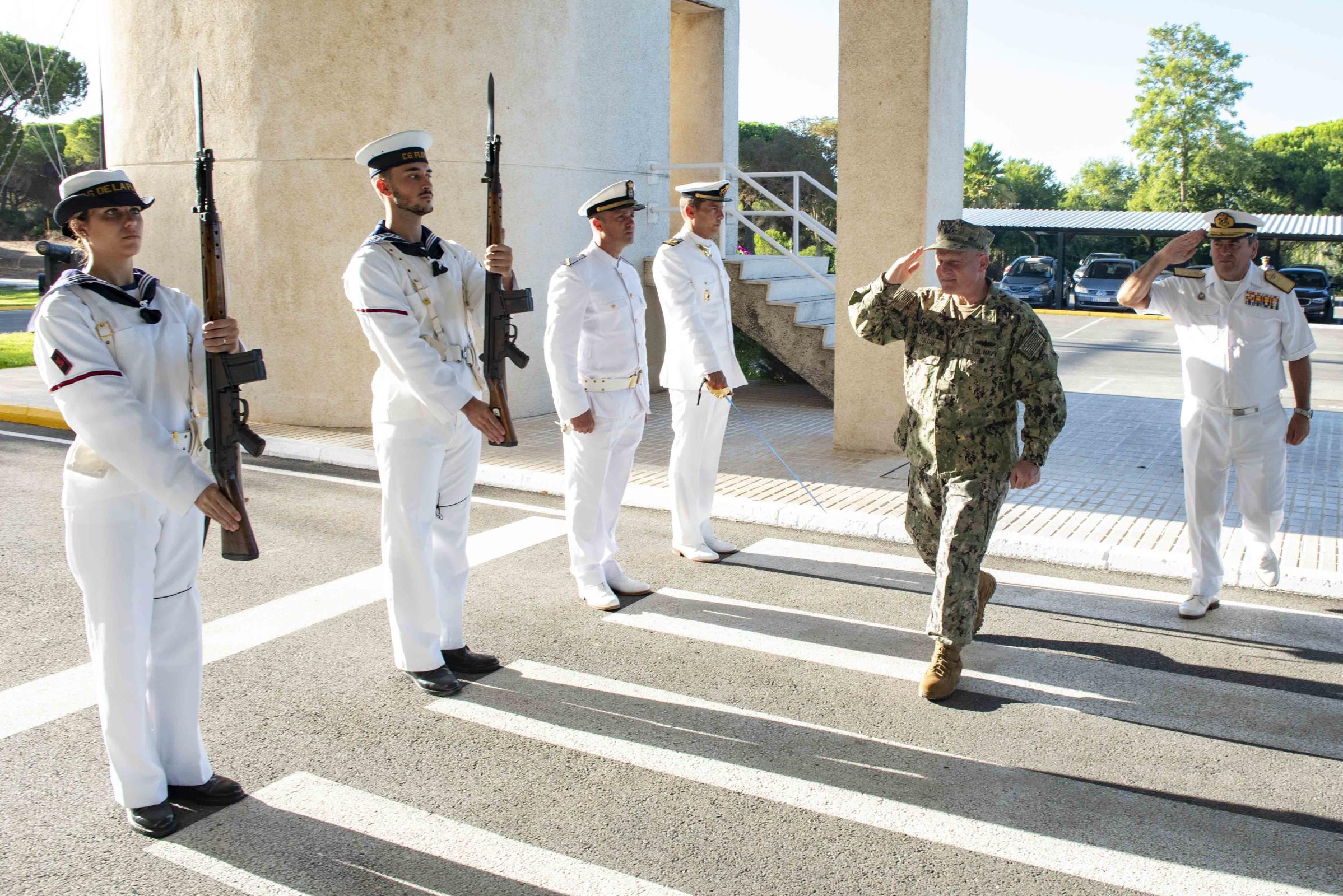 NAVAL STATION ROTA, Spain (Aug. 17, 2022) Chief of Naval Operations (CNO) Adm. Mike Gilday arrives at the Office of the Fleet Admiral to meet with Spanish navy Adm. Eugenio Díaz del Río Jáudenes, Admiral of the Spanish Fleet, during a visit to Rota, Spain, Aug. 17, 2022.  (U.S. Navy photo by Chief Mass Communication Specialist Amanda R. Gray) 220817-N-UD469-1086 