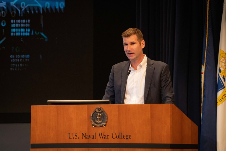 Peter Singer, strategist at New America, delivers the keynote address at U.S. Naval War College’s Future Warfighting Symposium, Aug. 9, 2023