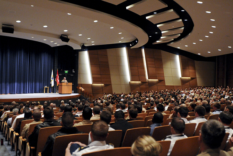 Marine Corps Gen. James Mattis, commander of U.S. Central Command, addresses U.S. Naval War College (NWC) students, faculty and other service members during an address at the NWC.