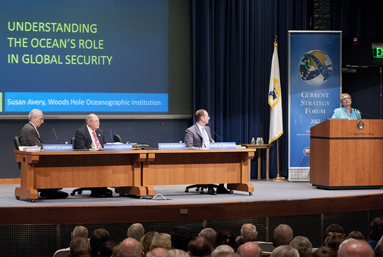  Susan Avery, from Woods Hole Oceanographic Instituion, speaks during a panel discussion that was part of the 2012 Current Strategy Forum at the U.S. Naval War College.